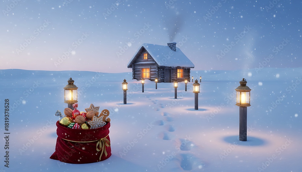 Fototapeta premium Cozy snow covered cabin with warm glowing windows and a path lined with vintage lanterns and a gift bag in a winter wonderland scene during snowfall