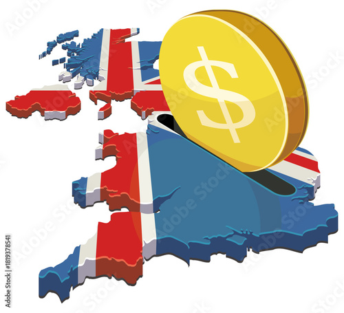 A dollar coin being inserted into a slot on the UK map (Union Jack flag). Concept for foreign investment, finance, or economic aid in Britain. (cut out)