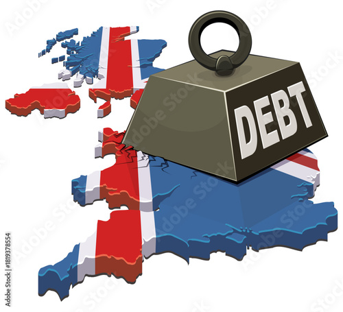 3D UK map (Union Jack flag) being crushed by a heavy weight labeled "DEBT". Concept for financial crisis or government debt burden in Britain. (cut out)
