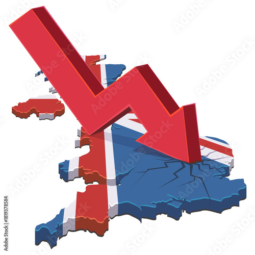 3D UK map (Union Jack flag) cracked by a large red arrow crashing down. Concept of economic recession or financial crisis in Britain. (cut out)