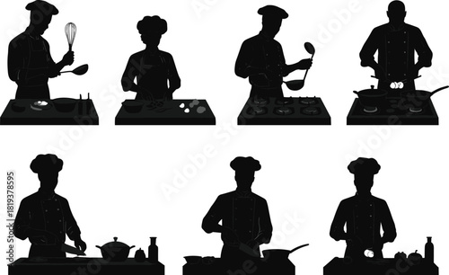Chef silhouettes cooking in kitchen, culinary teamwork, food preparation, professional kitchen staff, cooking actions, restaurant chefs, kitchen counter activities
