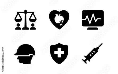 Health and safety icons: balance, wellness, medical, and protection symbols