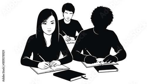 Students in class learning writing notes education concept art