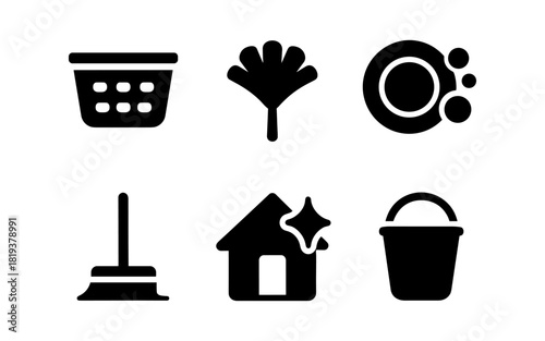 Cleaning tools icons set: minimalist black silhouette designs of household items
