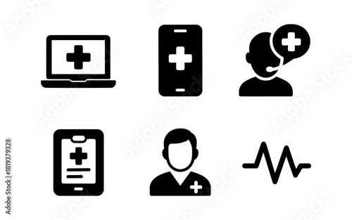 Medical technology icons set featuring devices and healthcare professionals in silhouette style