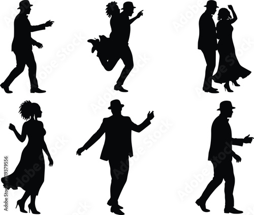 Silhouette dancers, energetic poses, formal attire, partner dance, joyful movement, black figures, expressive gestures, vintage style, dance art, performance scene