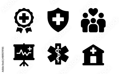 Healthcare icons set: medical silhouette symbols for health and safety
