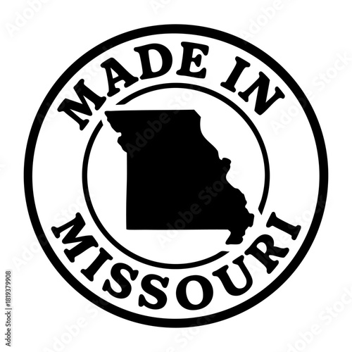 vector round stamp with bold black outline and missouri state silhouette inside circular frame text made in missouri minimal patriotic badge for packaging label print t shirt branding