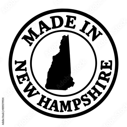 vector round stamp with bold black outline and new hampshire state silhouette inside circular frame text made in new hampshire minimal patriotic badge for packaging label print t shirt branding