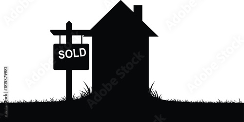 Silhouette house with sold sign on grass lawn, real estate investment concept, successful home sale illustration, property ownership, minimal black design