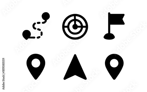 Set of navigation icons: map pin, location marker, and wayfinding symbols in black silhouette