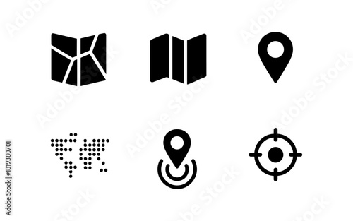 Minimalist location and navigation icon set featuring map and pin symbols