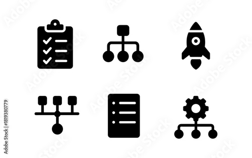 Collection of minimalist business and technology icons in black silhouette style