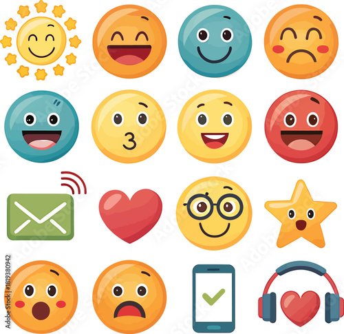 Collection of cartoon emojis and icons including sun, hearts, star, envelope, phone, and headphones emoticon