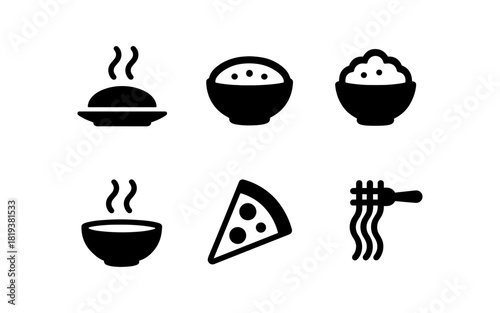 Simple black food icons featuring soup, pizza, and rice bowl designs