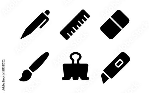Essential office supplies icons in flat design: pen, ruler, eraser, brush, clip, cutter
