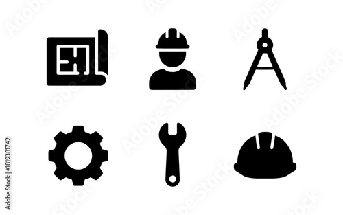 Construction icon set: tools, gear, and worker elements in bold silhouette