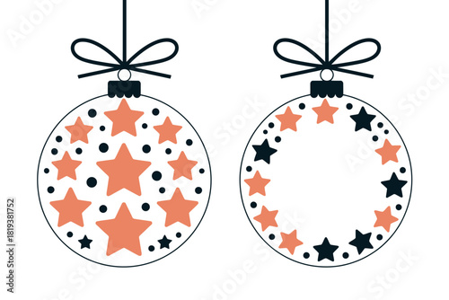 Two circular Christmas ornaments with star and dot patterns hang from ribbons.