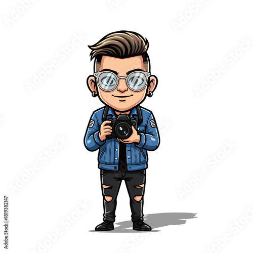 Vector illustration of a stylish young male photographer mascot holding a camera, wearing a denim jacket and fashionable glasses. Creative professional character design