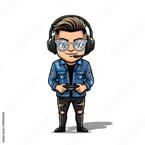Stylish male gamer character design. Vector illustration of a young man with a headset and joypad for an esports team mascot