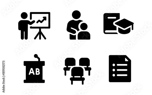 Education and training icons set: classroom learning and presentation symbols