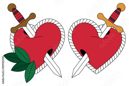 Two stylized hearts pierced by swords with surrounding leaves on white background.