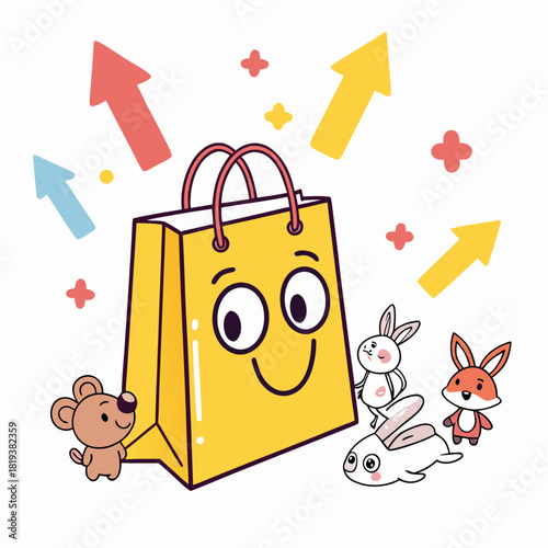 Happy cartoon shopping bag with cute animal friends and upward arrows representing growth and success