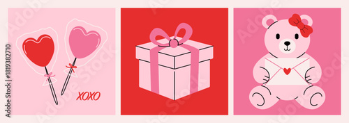 Valentine day banners. Romantic greeting cards for 14 February celebration, holiday flyer with passion love symbols teddy bear, gift box, lollipops, modern poster design. Vector set