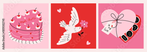 Valentine day banners. Romantic greeting cards for 14 February celebration, holiday flyer with passion symbols love bird, chocolate box, cake, modern poster design. Vector set
