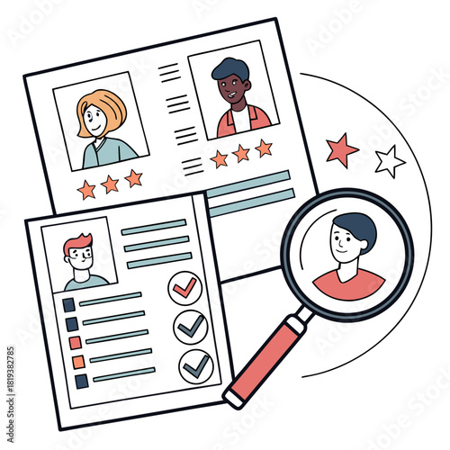 Hiring process with resumes and a magnifying glass focusing on a candidate profile