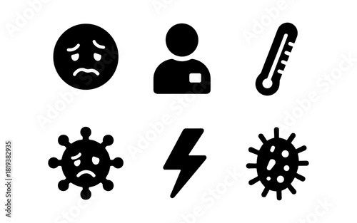 Healthcare and illness icons: virus, symptoms, and medical concepts in silhouette