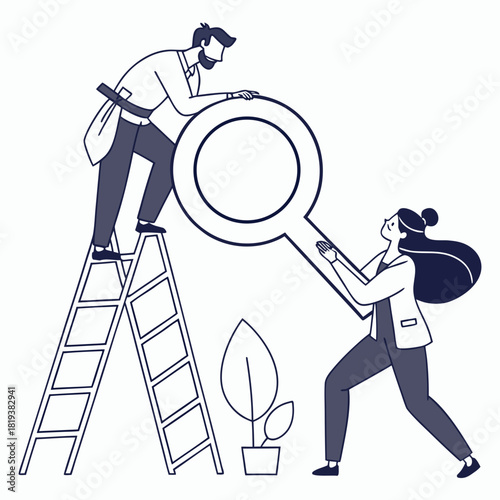 Two business people collaborate using a large magnifying glass to find solutions and opportunities together