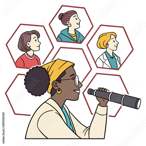 Diverse women in science collaborate and look towards the future with a telescope