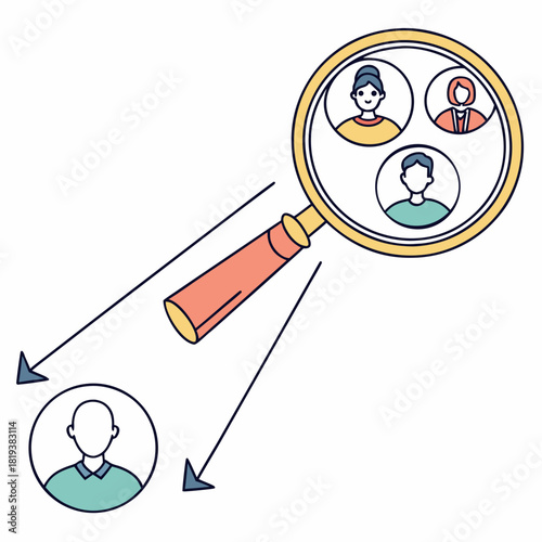 Magnifying glass focusing on a group of diverse people for recruitment or selection purposes