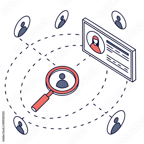 Magnifying glass searching for the right candidate among a network of people and profiles