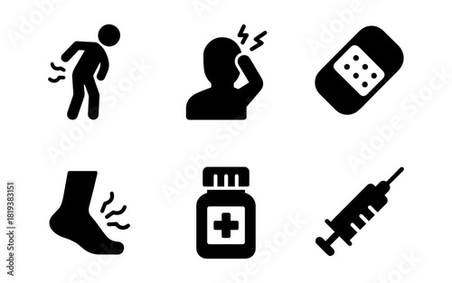 Health icons: pain management, medication, first aid, and injection