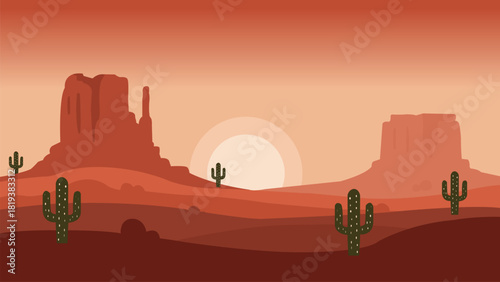 Flat vector illustration of a vast desert landscape with large rock formations and cacti under a warm sunset sky.