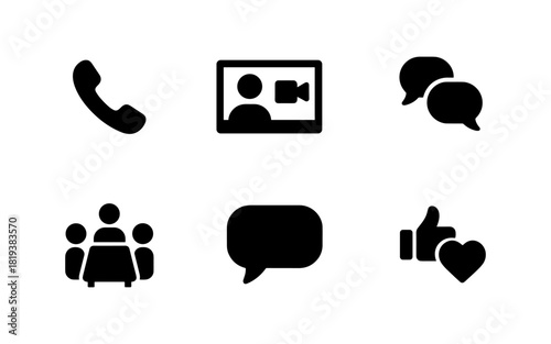 Simple communication icons set: call, video chat, messaging, meeting, social interaction