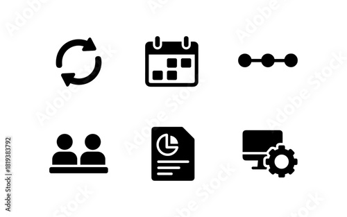 Business management icons set: workflow, scheduling, reporting, collaboration, technology
