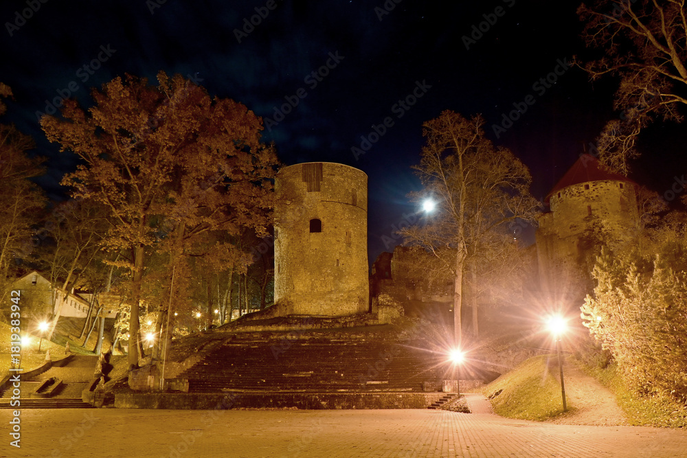 Fototapeta premium colorful and bright autumn landscape from the city park in dark autumn, illuminated park, beautiful lights, Cesis, Latvia