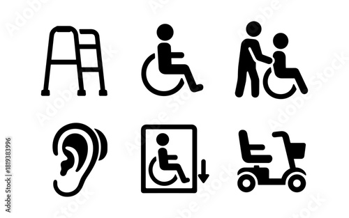 Accessibility icons set featuring wheelchair, walker, and mobility scooter symbols