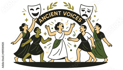 Ancient greek theater performance with actors and drama masks