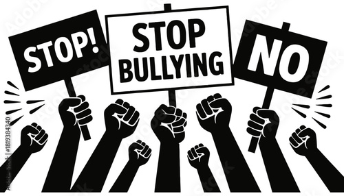 Stop bullying campaign with raised fists and protest signs art