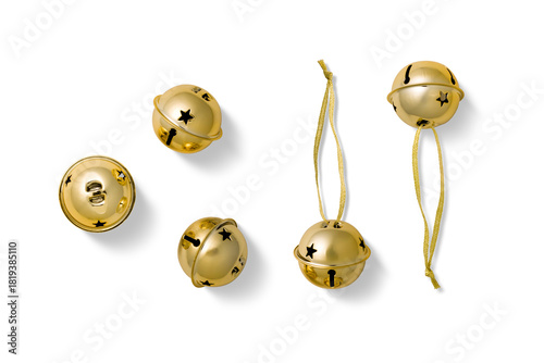 Round golden jingle bells with star cutouts isolated on a transparent background, PNG. Festive Christmas decorations, some with hanging strings, perfect for holiday and seasonal design projects.