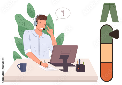 Man with headset at desk interacting online, showing plants, cup, notebook, professional meter, and pants. Ideal for remote work, professionalism, telecommunication productivity online meetings