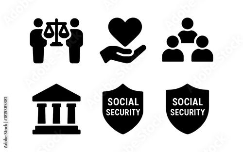 Icons representing social justice, community care, and security in simple black silhouettes