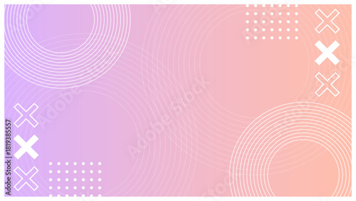 ピンクと紫の淡いグラデに白の幾何学シェイプを重ねた、スタイリッシュなメンフィスフレーム背景