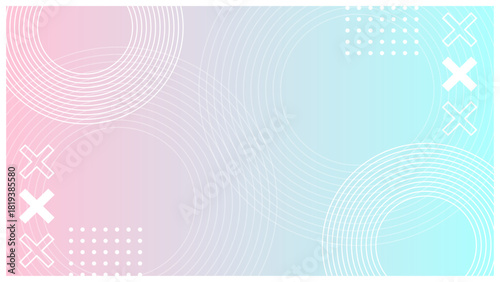 水色とピンクの淡いグラデに白の幾何学シェイプを重ねた、スタイリッシュなメンフィスフレーム背景