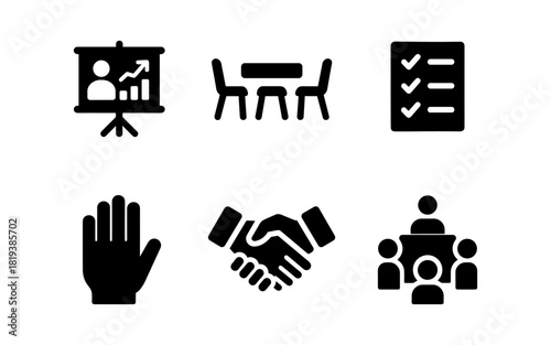 Business meeting icons: presentation, collaboration, agreement, checklist, handshake