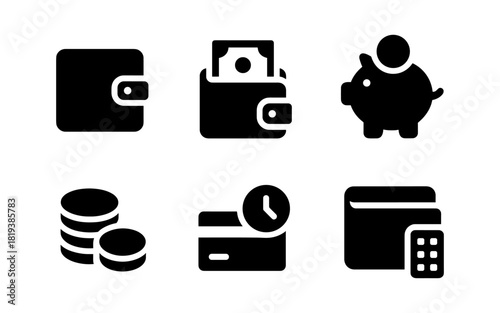 Financial icons set: wallet, coins, piggy bank, and card symbols in bold silhouette style